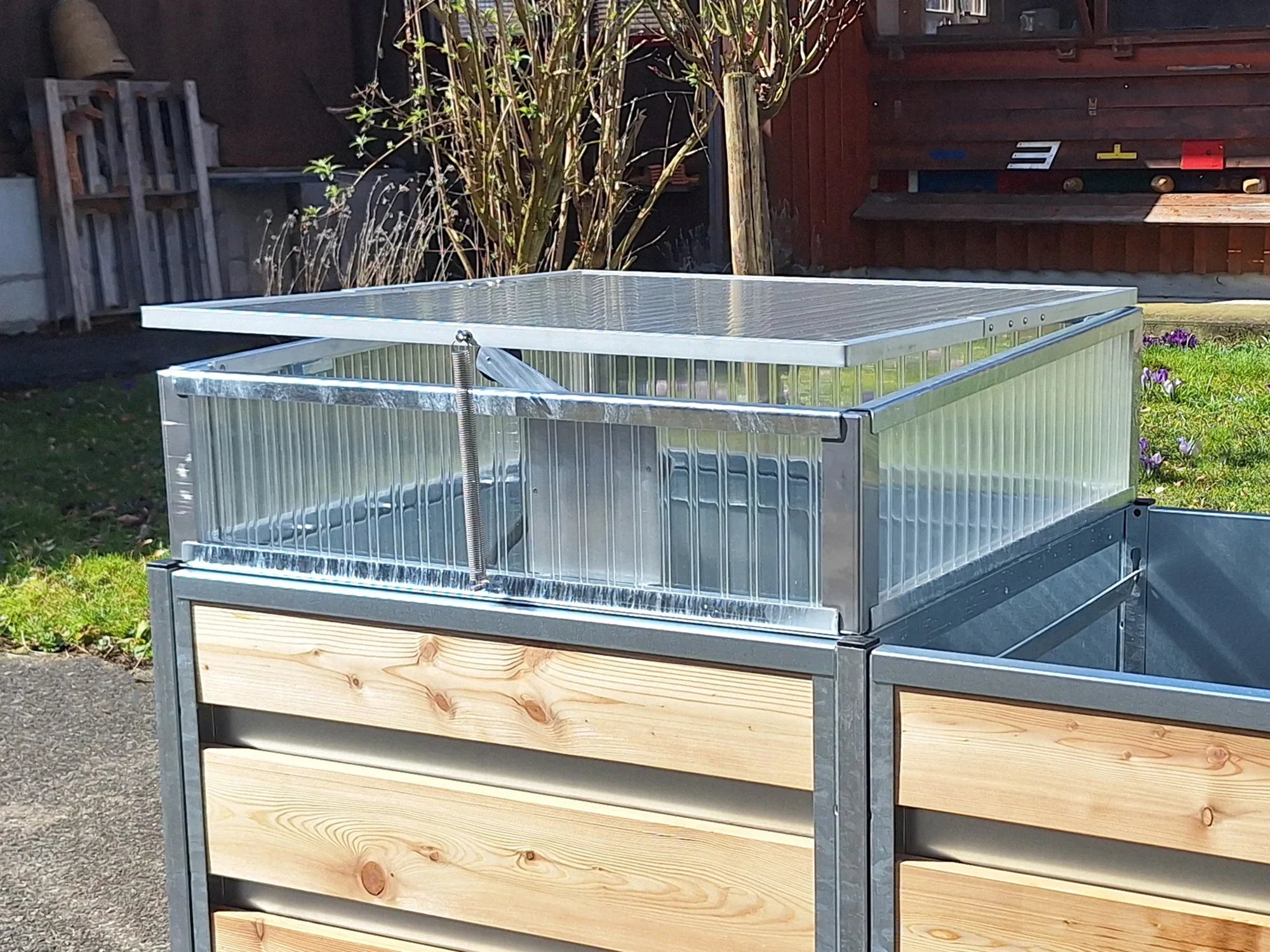 Frübeetaufsatz mit automatischem Lüfter auf einem Hochbeet aus Holz