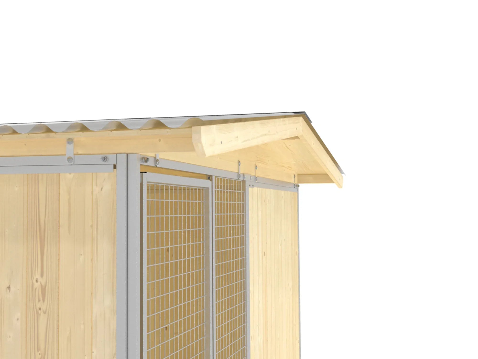 Hundezwinger mit Dachvorsprung von 25 cm und untergeschalter Decke aus nordischem Fichtenholz