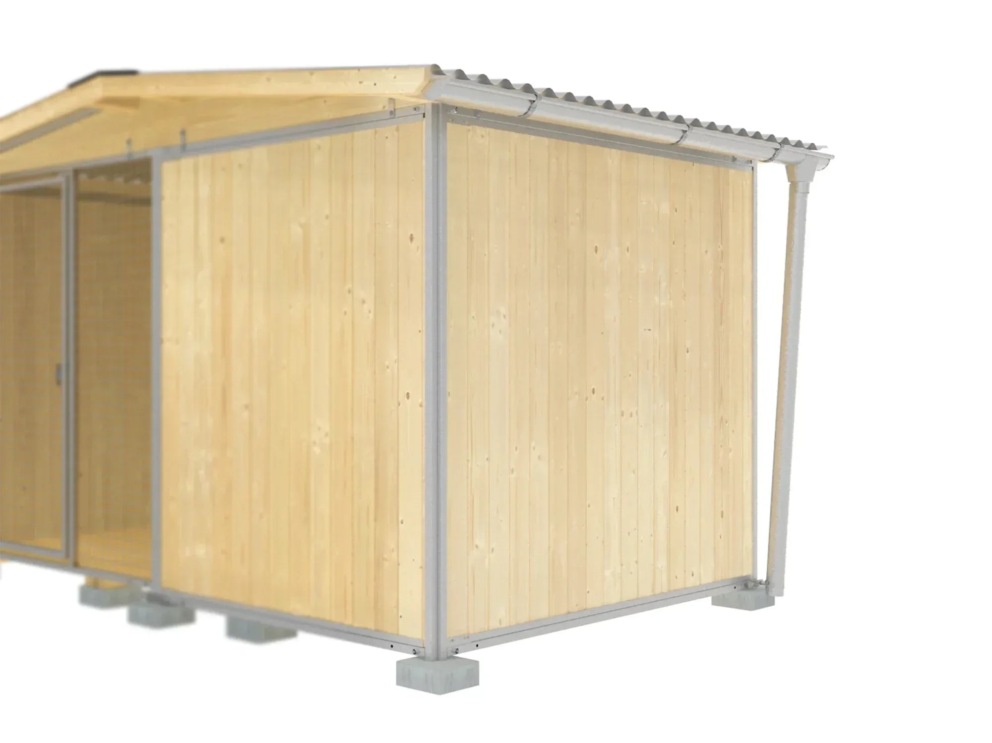 Hundezwinger aus Holz mit montierter Dachrinne aus Titanzink