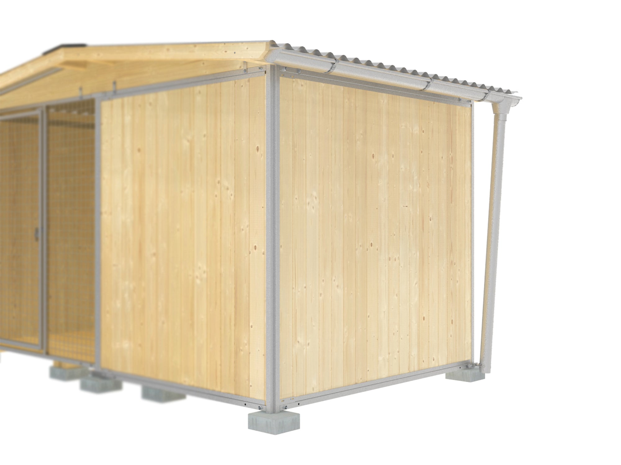 Hundezwinger aus Holz mit montierter Dachrinne aus Titanzink