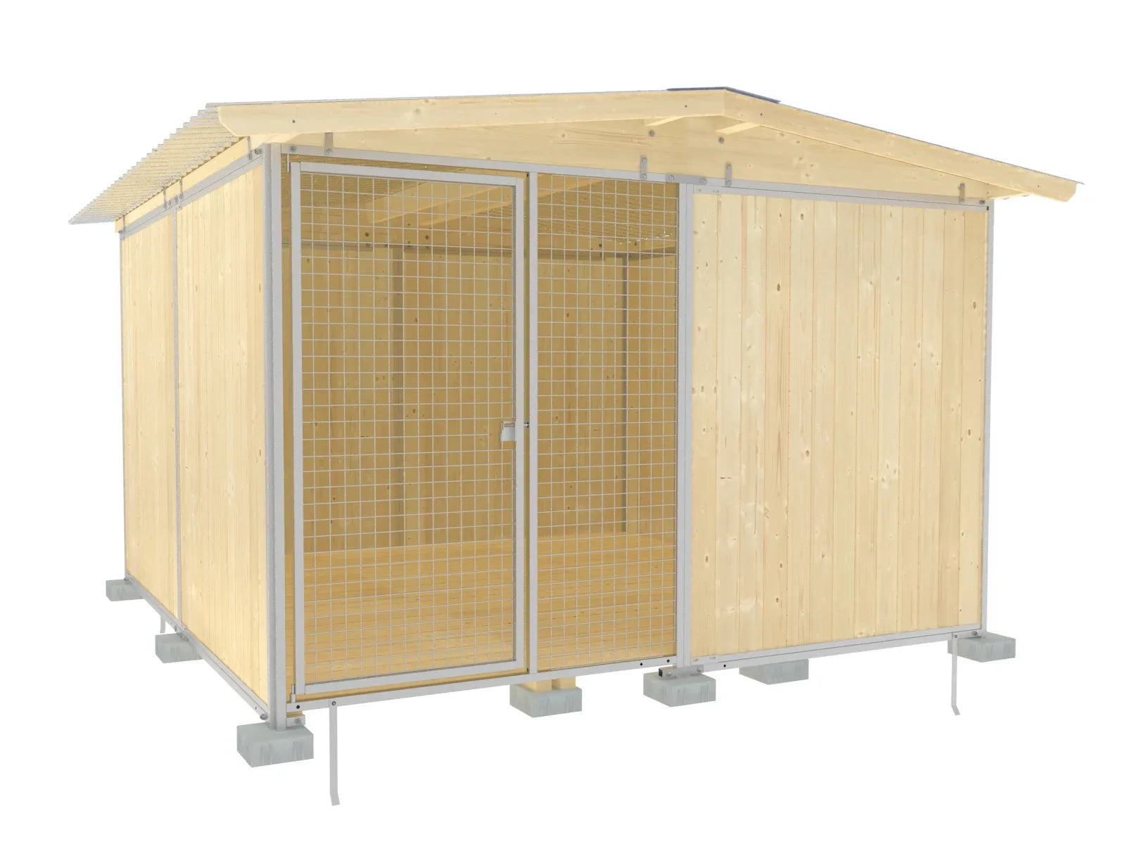 Hundezwinger aus Fichtenholz mit Spitzdach aus verzinktem Wellblech