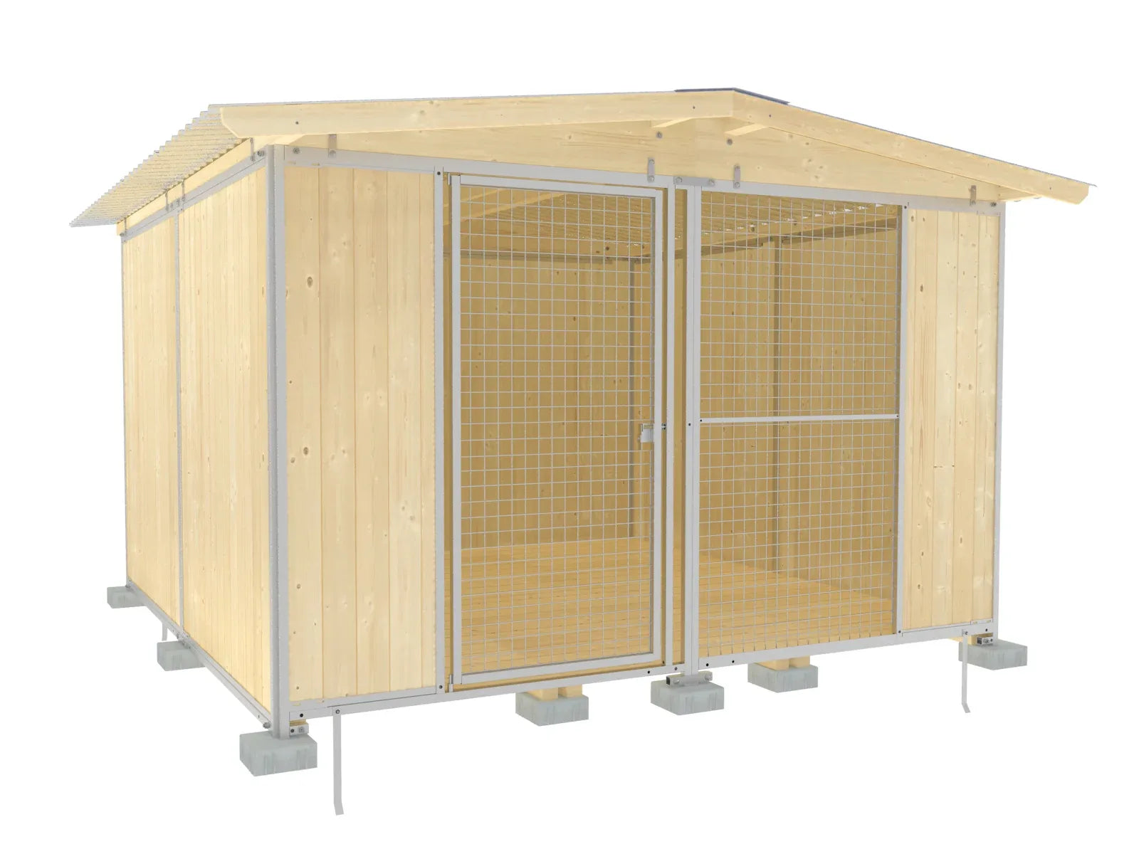 Hundezwinger mit Gittertüre nach innen öffnend und Holzwänden