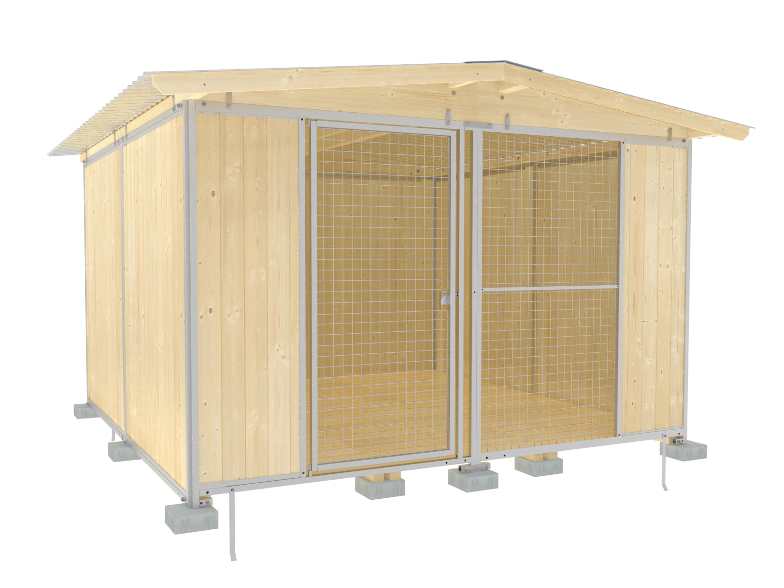 Hundezwinger mit Gittertüre nach innen öffnend und Holzwänden