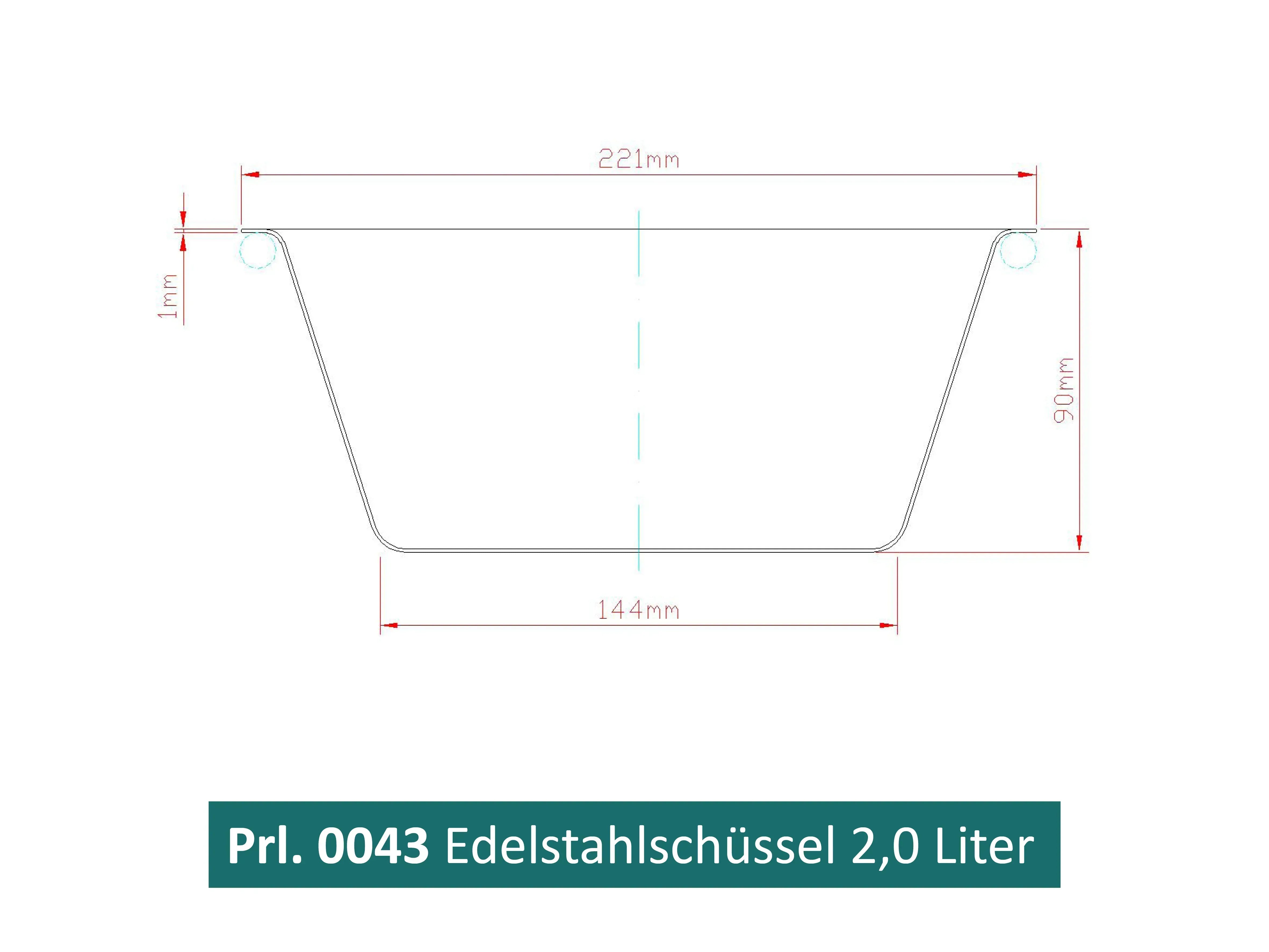 Zeichnung einer Edelstahlschüssel Fassungsvermögen 2 Liter