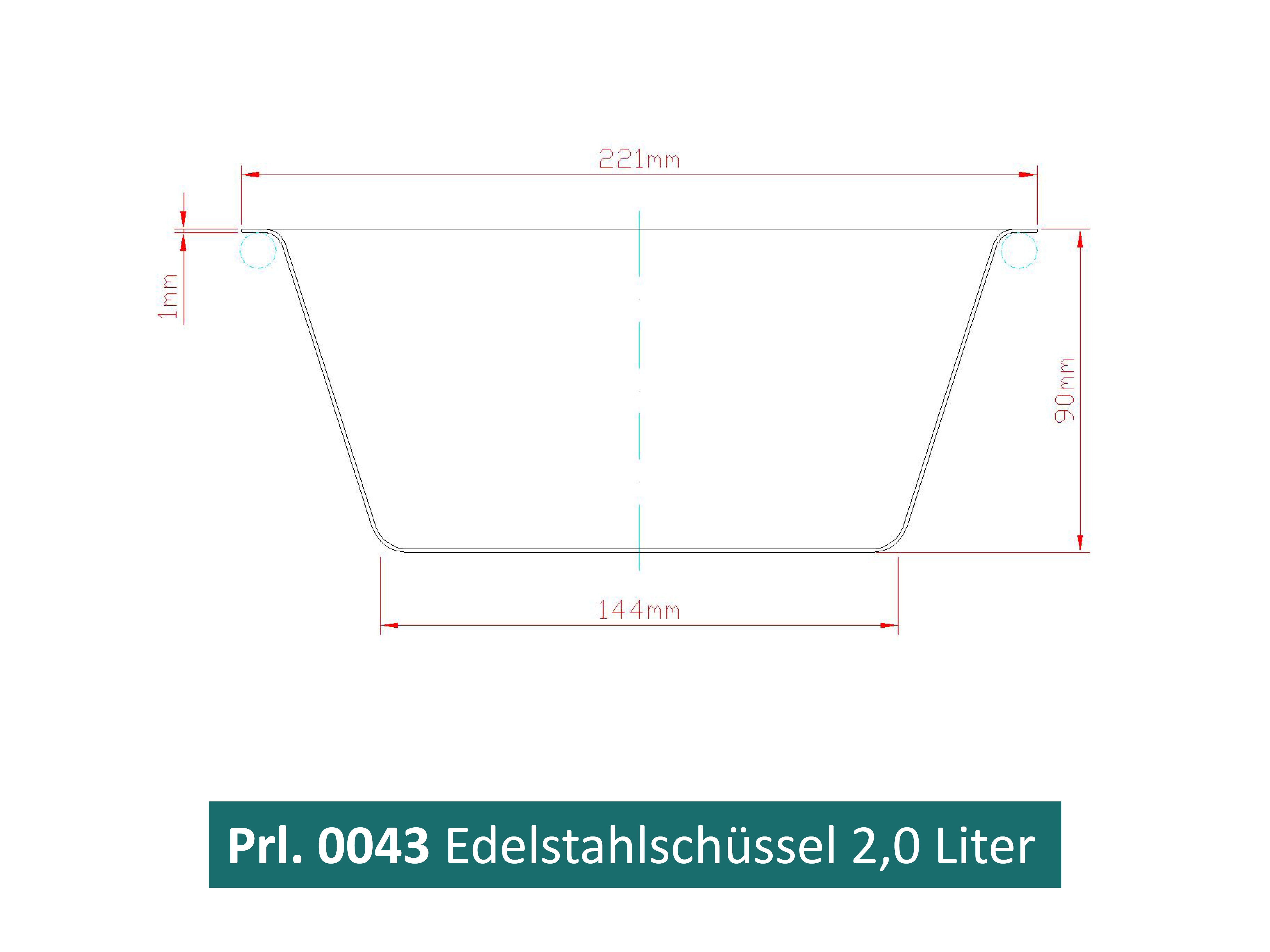 Zeichnung einer Edelstahlschüssel Fassungsvermögen 2 Liter