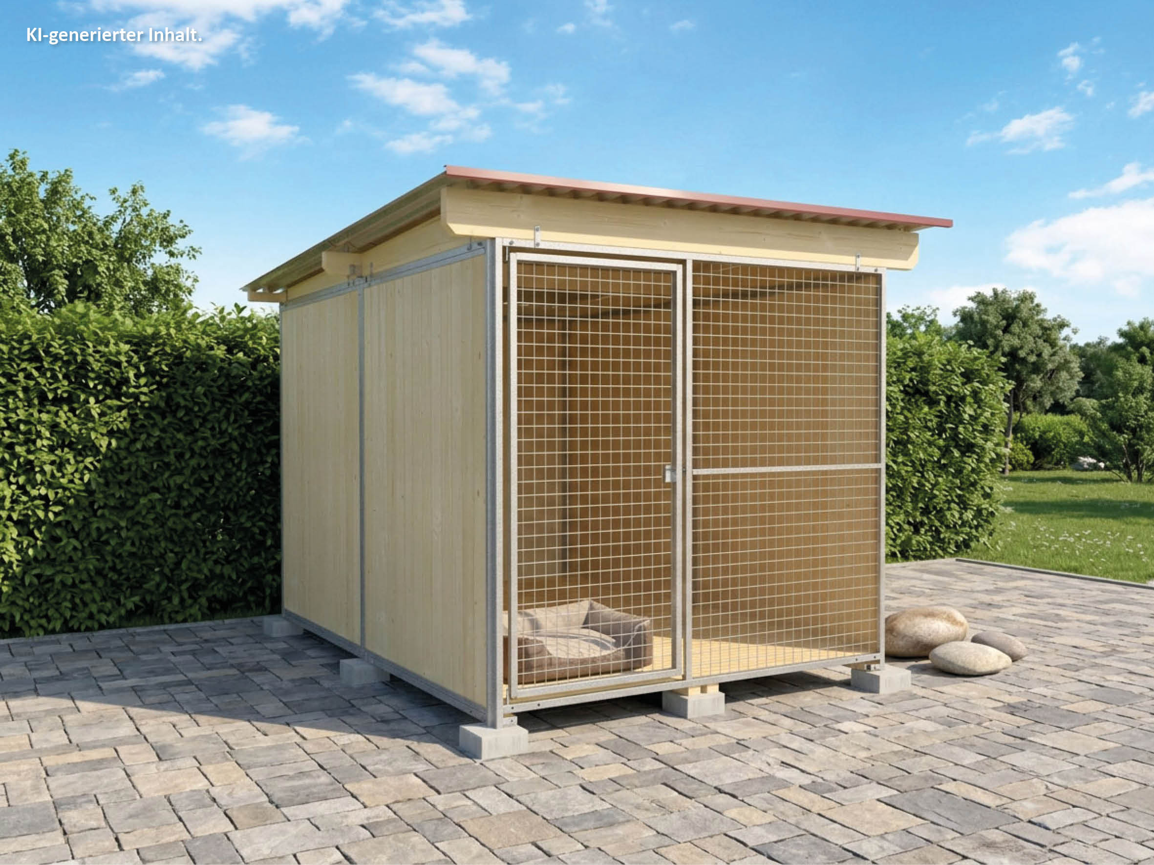 Hundezwinger Tiefbau Gitterfront 4 x 2 m mit Dach und Holzboden