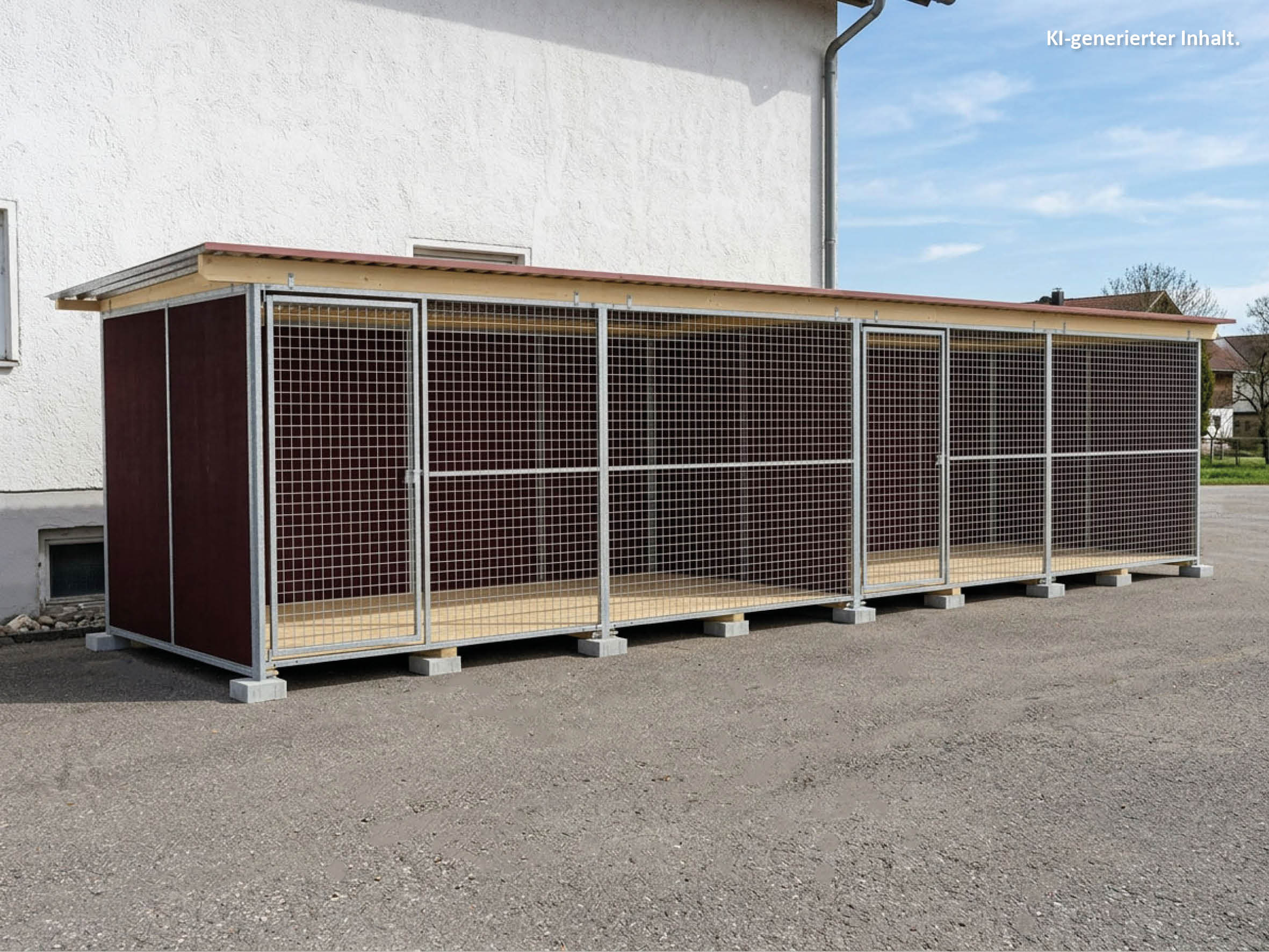 Nato-Hundezwinger 2 x 8 m einmal unterteilt mit zwei Türen, Gitterfront, Dach und Holzboden