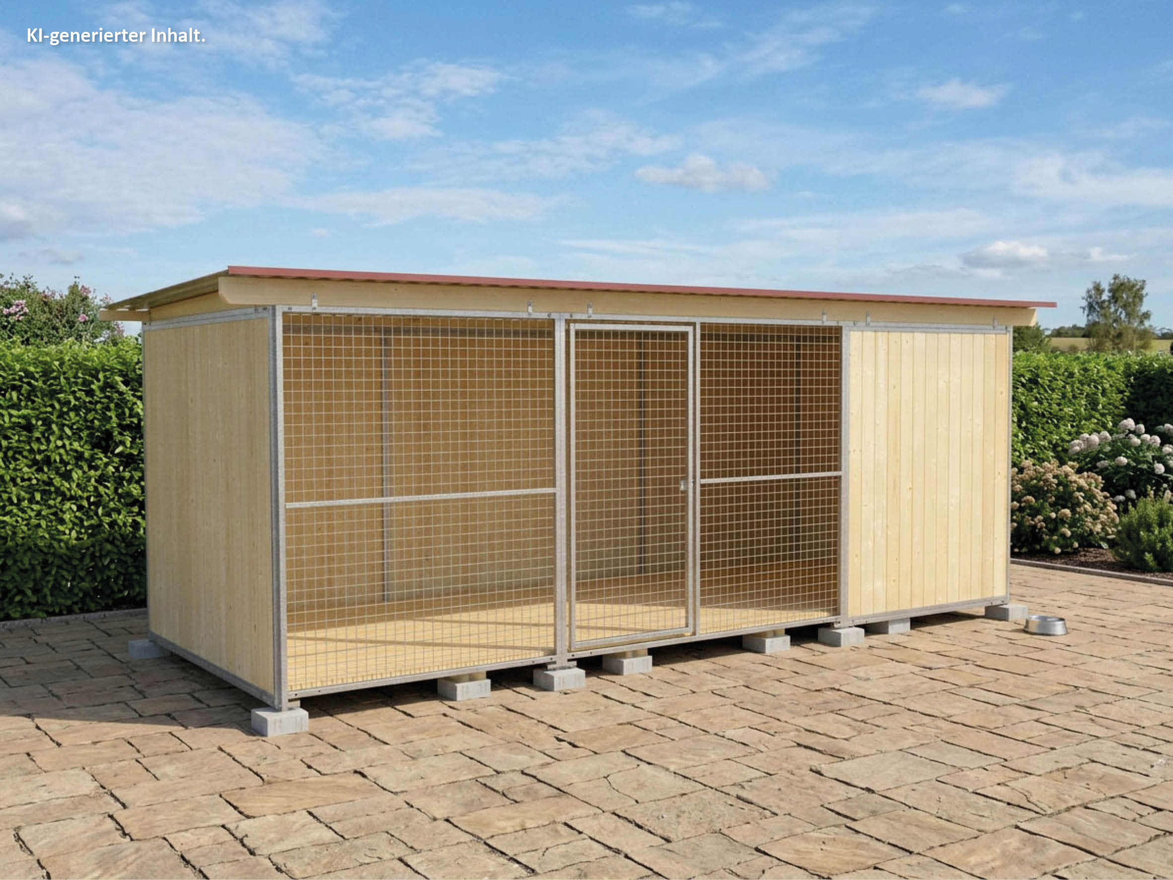 Hundezwinger 2 x 5 m Schutzecke mit Dach, Holzboden und Fundamentsteinen