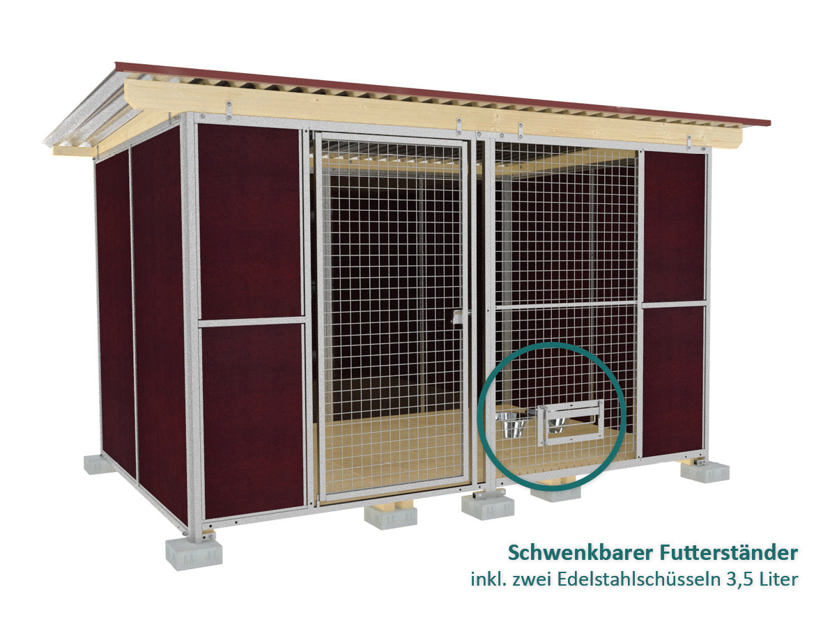 Hundezwinger mit braunen Wänden und einem Stahlelement mit Türe