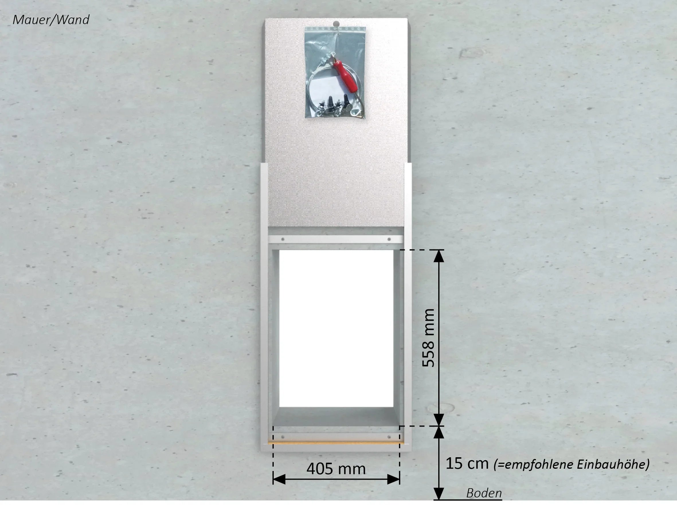 Hundedurchgang mit Schieberwand aus verzinktem Blech befestigt an eine Mauer