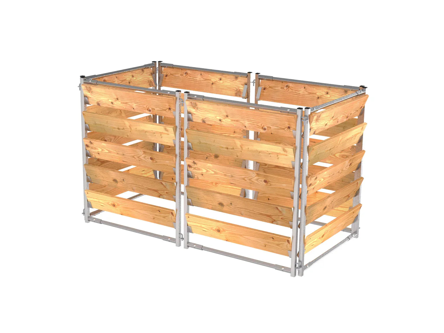 Komposter mit geschraubtem Stahlrahmen und eingesteckten Holzdielen