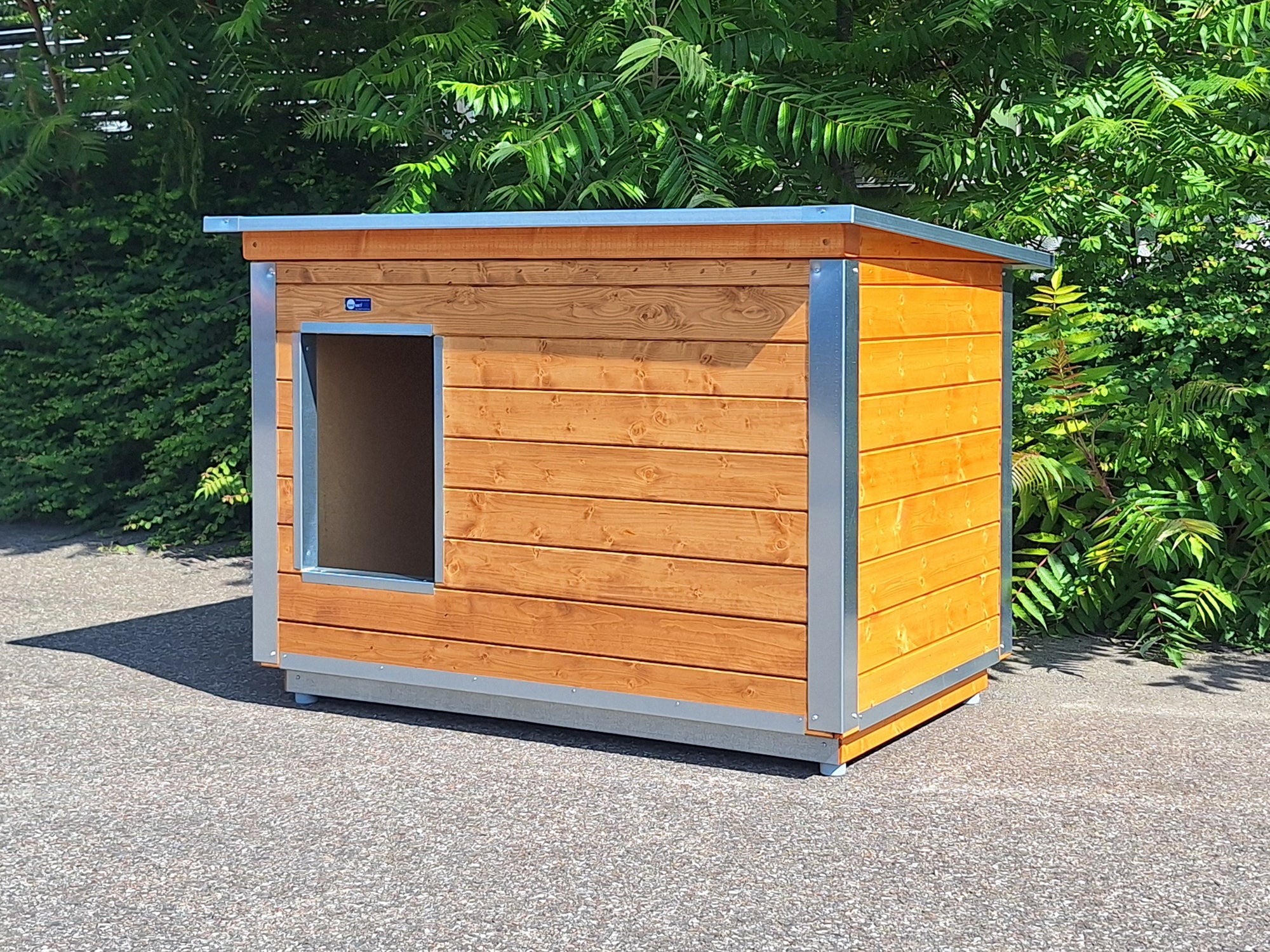 Isolierte Hundehütte aus Fichtenholz für den Außenbereich mit gestrichenen Wänden