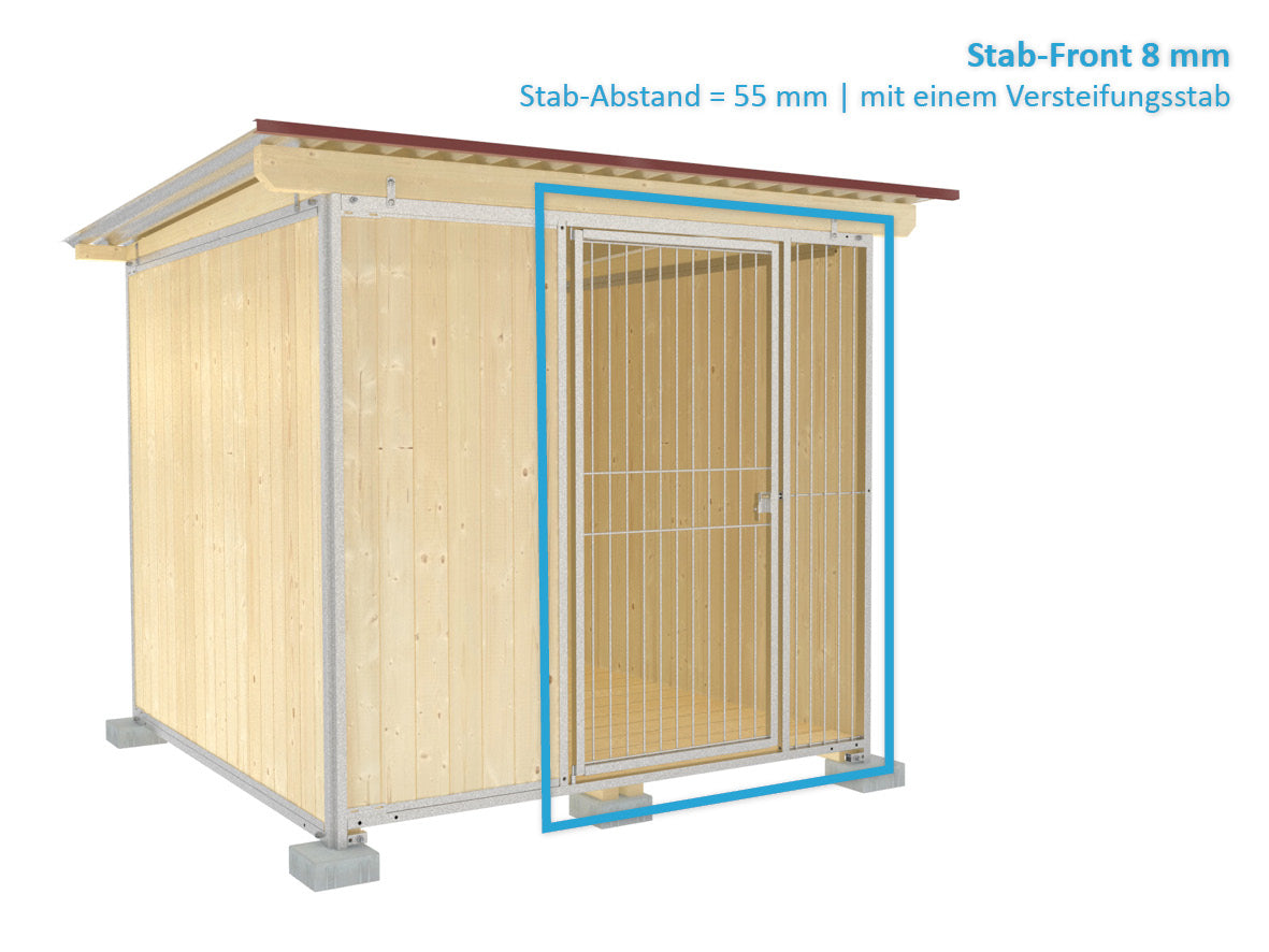 Hundezwinger mit Rohrstabelementen stehend auf Fundamentsteinen