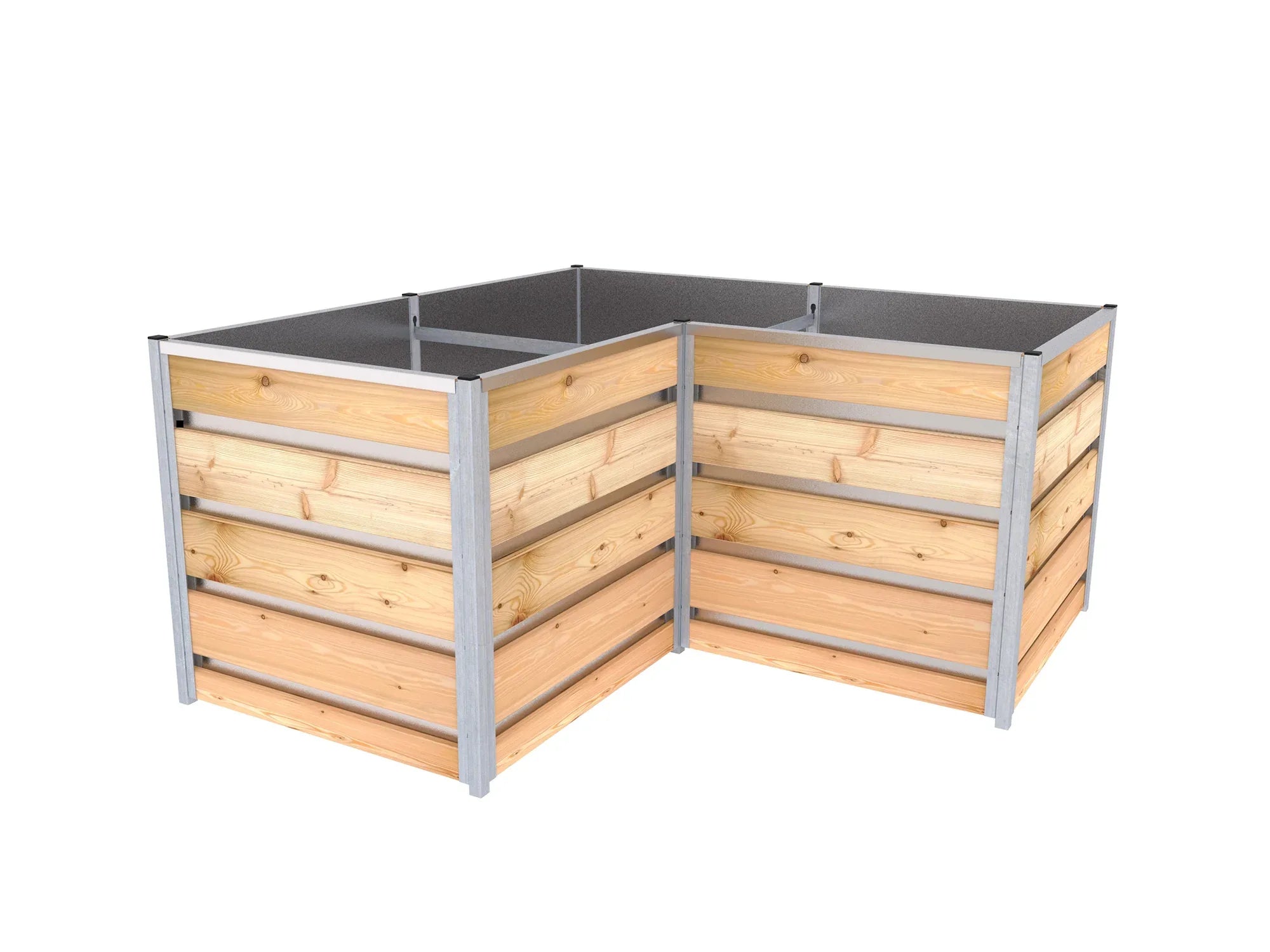 Hochbeet aus Lärchen-Holz in L-Form mit der Größe 1,66 x 1,66 m Innenverkleidung aus verzinktem Blech