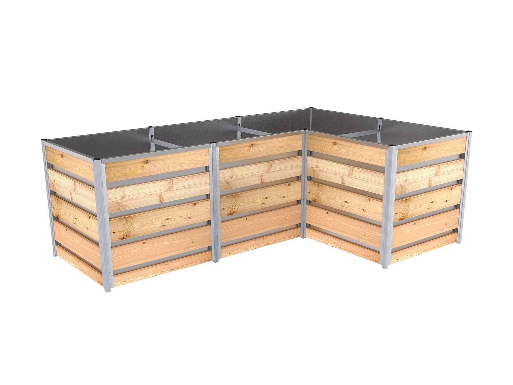 Hochbeet aus Lärchen-Holz in L-Form mit der Größe 1,66 x 2,48 m Höhe 83 cm, Innenverkleidung aus verzinktem Blech