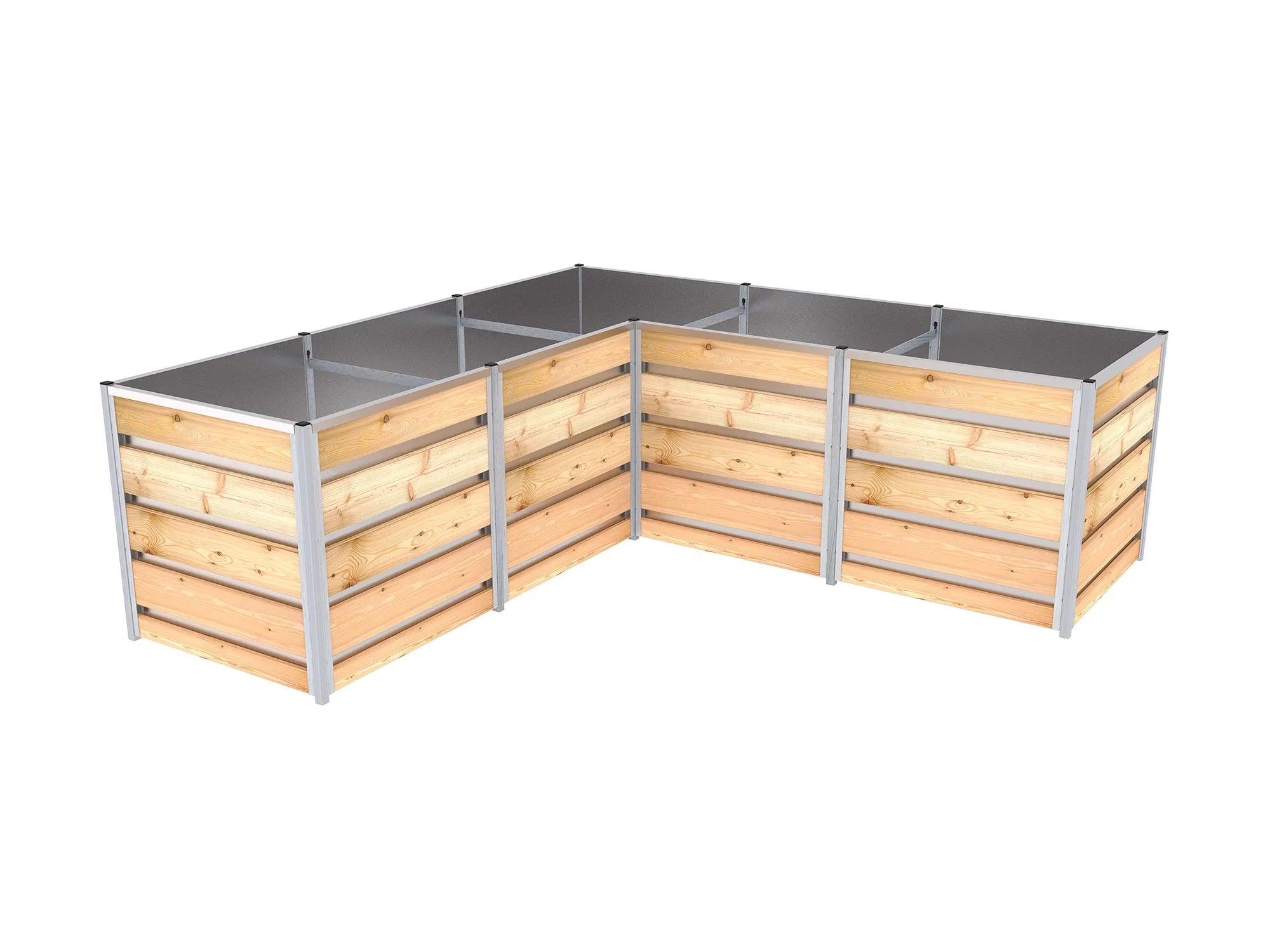 Hochbeet aus Lärchen-Holz in L-Form mit der Größe 2,48 x 2,48 m Höhe 83 cm, Innenverkleidung aus verzinktem Blech