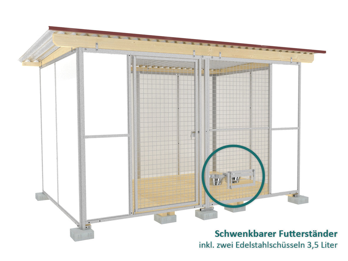 Hundezwinger mit eingebauten Futterset das von außen nach innen gedreht werden kann