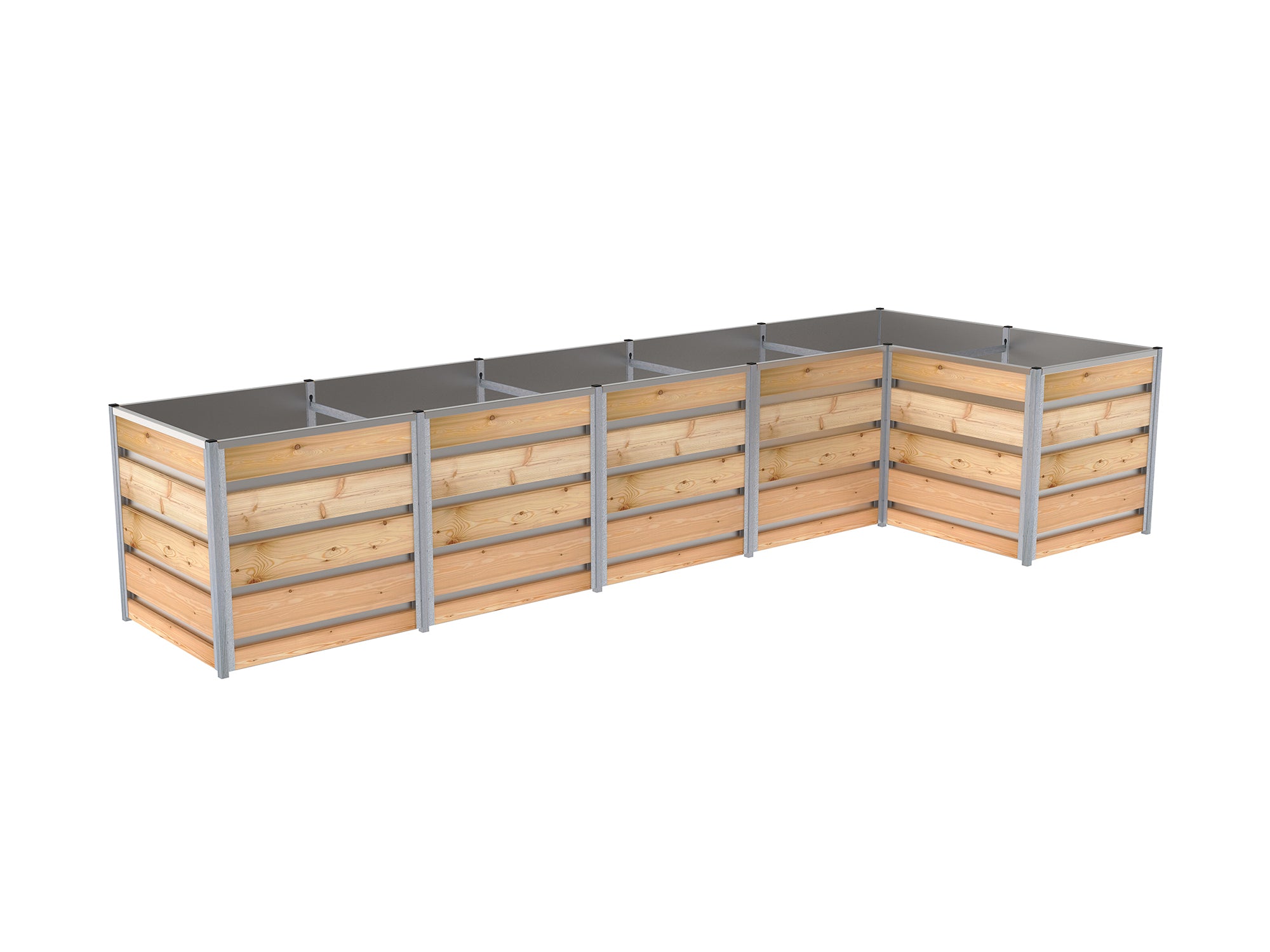 Hochbeet aus Lärchen-Holz in L-Form mit der Größe 1,66 x 4,11 m Höhe 83 cm, Innenverkleidung aus verzinktem Blech