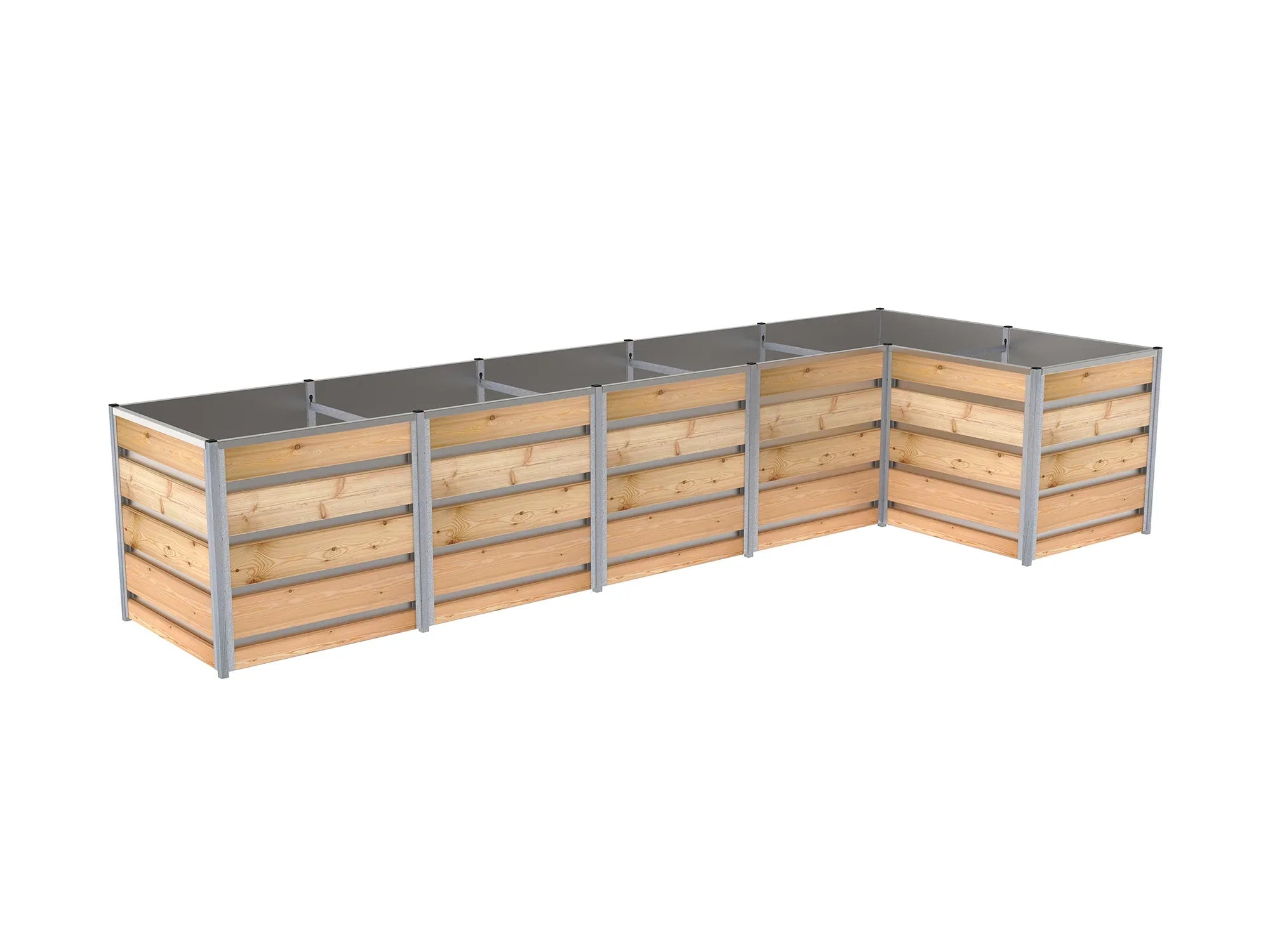 Hochbeet aus Lärchen-Holz in L-Form mit der Größe 1,66 x 4,11 m Höhe 83 cm, Innenverkleidung aus verzinktem Blech