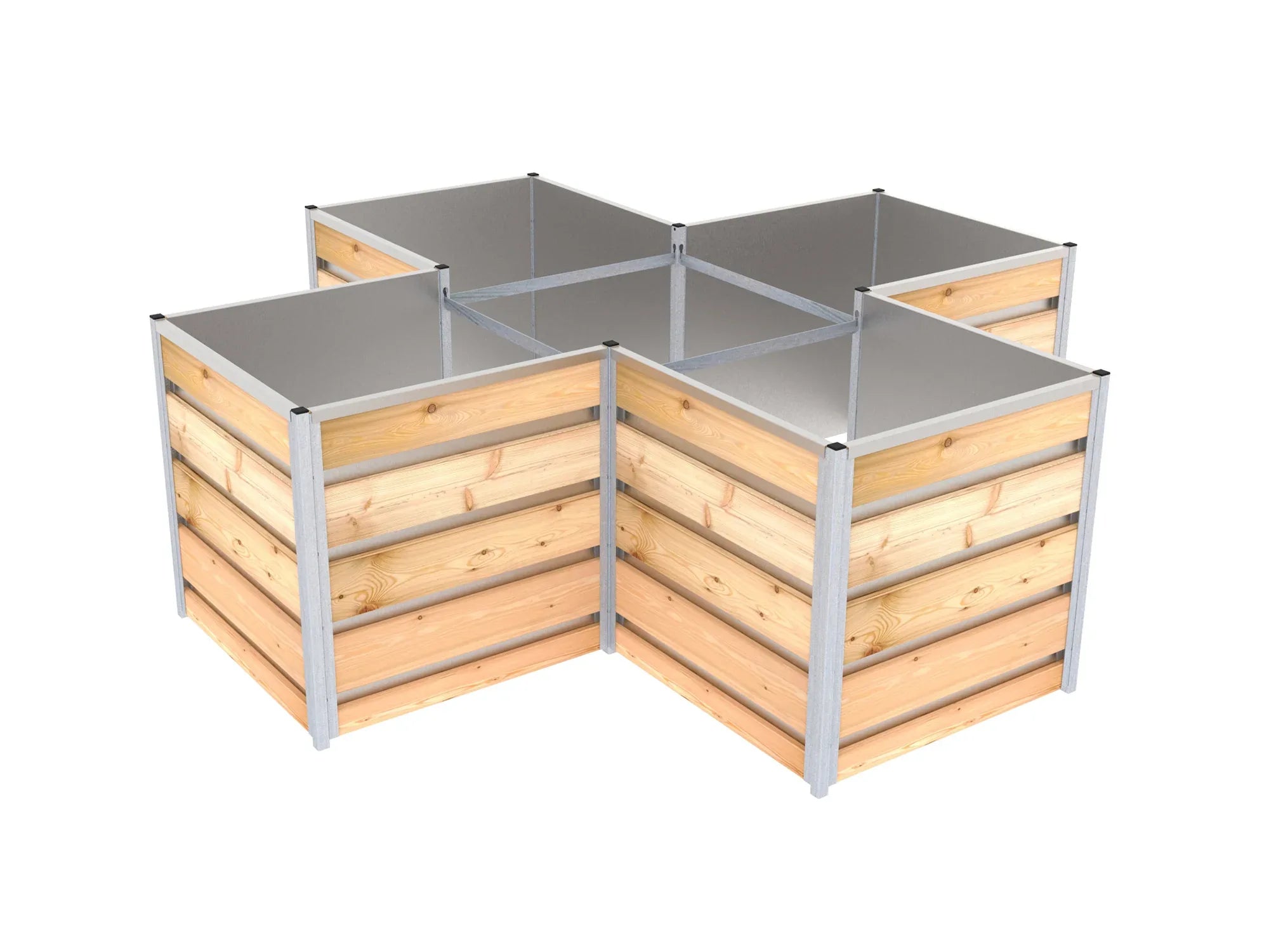 Kompaktes Hochbeet aus Holzelementen eingesteckt in Metall Pfosten