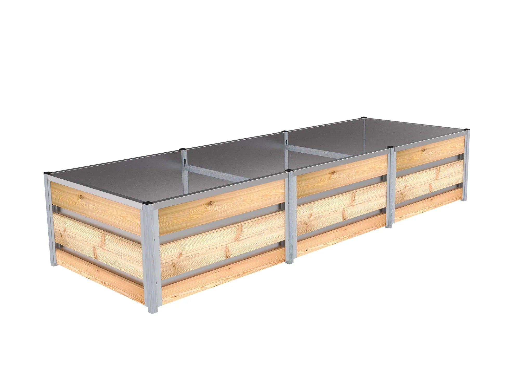 Tomaten-Hochbeet aus Lärchen-Holz und die Bretter sind waagerecht montiert, mit der Breite 0,84 m und der Länge 2,48 m, die Höhe beträgt 46 cm, Innenverkleidung aus verzinktem Blech