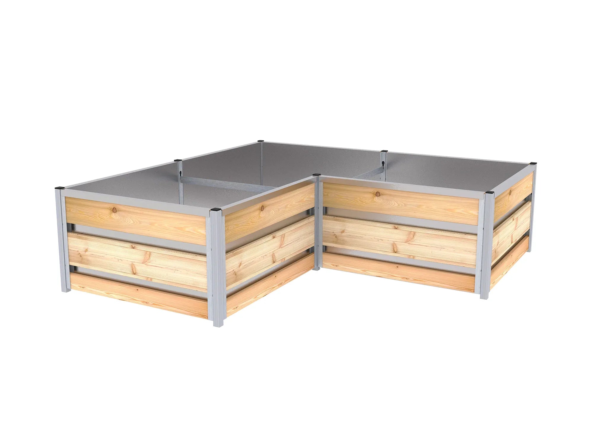 Hochbeet in L-Form, ums Ecke im Maß 1,66 m x 1,66 m in der Höhe von 46 cm, mit verzinktem Blech ausgekleidet