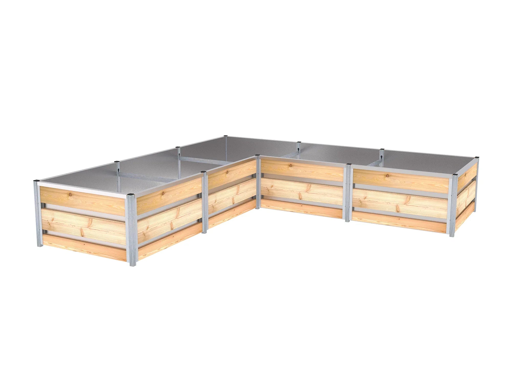 Hoch-Beet in L-Form, ums Ecke im Maß 2,48 m x 2,48 m in der Höhe von 46 cm, mit verzinktem Blech ausgekleidet