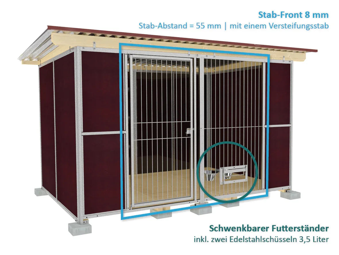 Hundehaus mit schwenkbarem Futterständer mit zwei Edelstahlschüsseln
