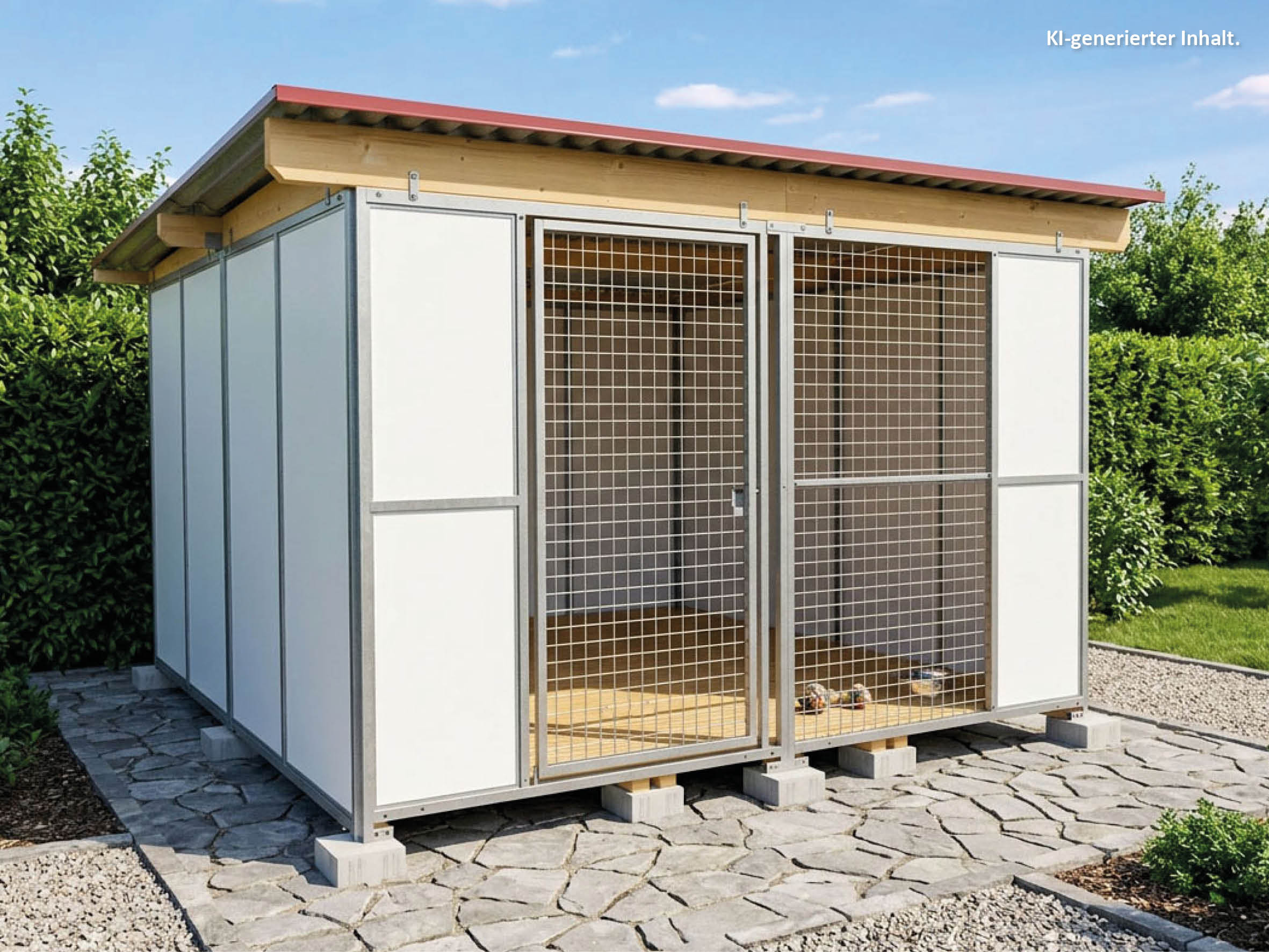 Europa-Hundezwinger Tiefbau Vollschutz 3 x 3 m einmal unterteilt mit zwei Türen, mit Gitterfront, Dach und Holzboden
