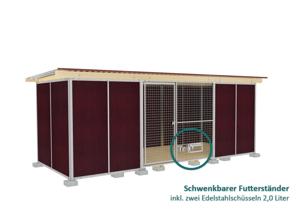 Vollschutzhundezwinger mit Wänden aus braunen Mehrschichtplatten, optional komplett verschließbar