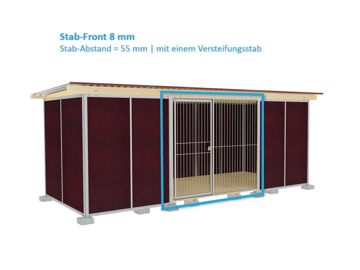 Hundezwinger mit Rohrstabfront und zusätzlichen Windschutzwänden