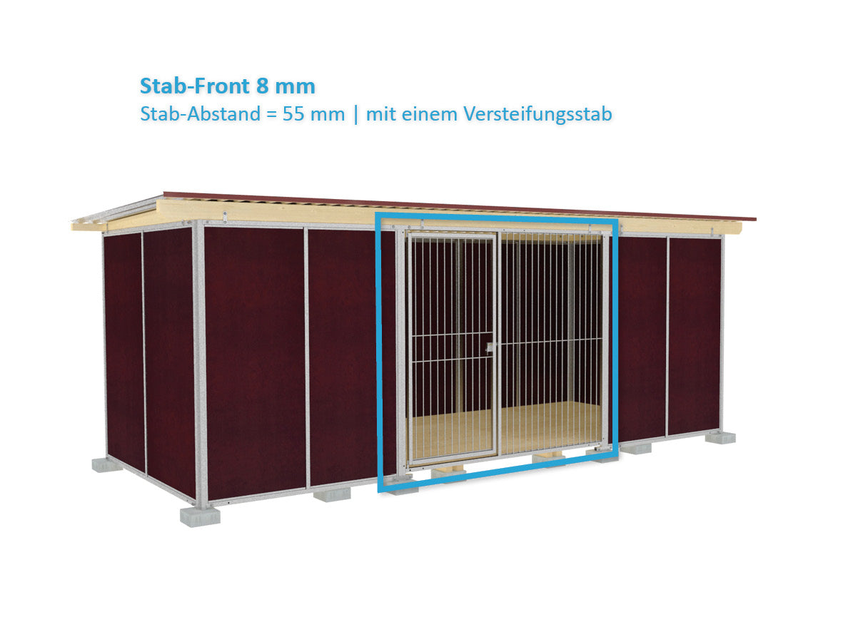 Hundezwinger mit Rohrstabfront und zusätzlichen Windschutzwänden