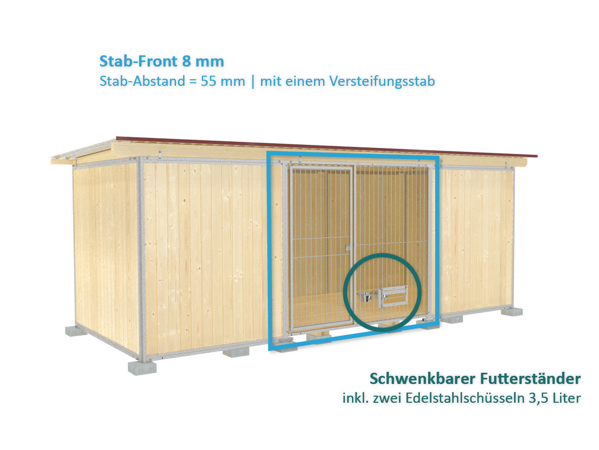Hundezwinger 6 Meter breit mit Futterständer und Hundeschüsseln