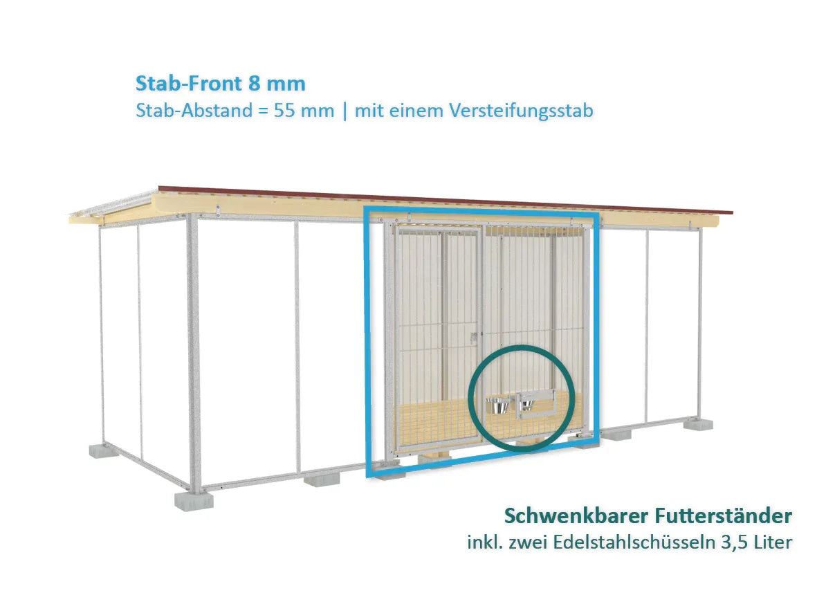 Futter und Trinkständer aus verzinktem Stahl eingebaut im Zwinger