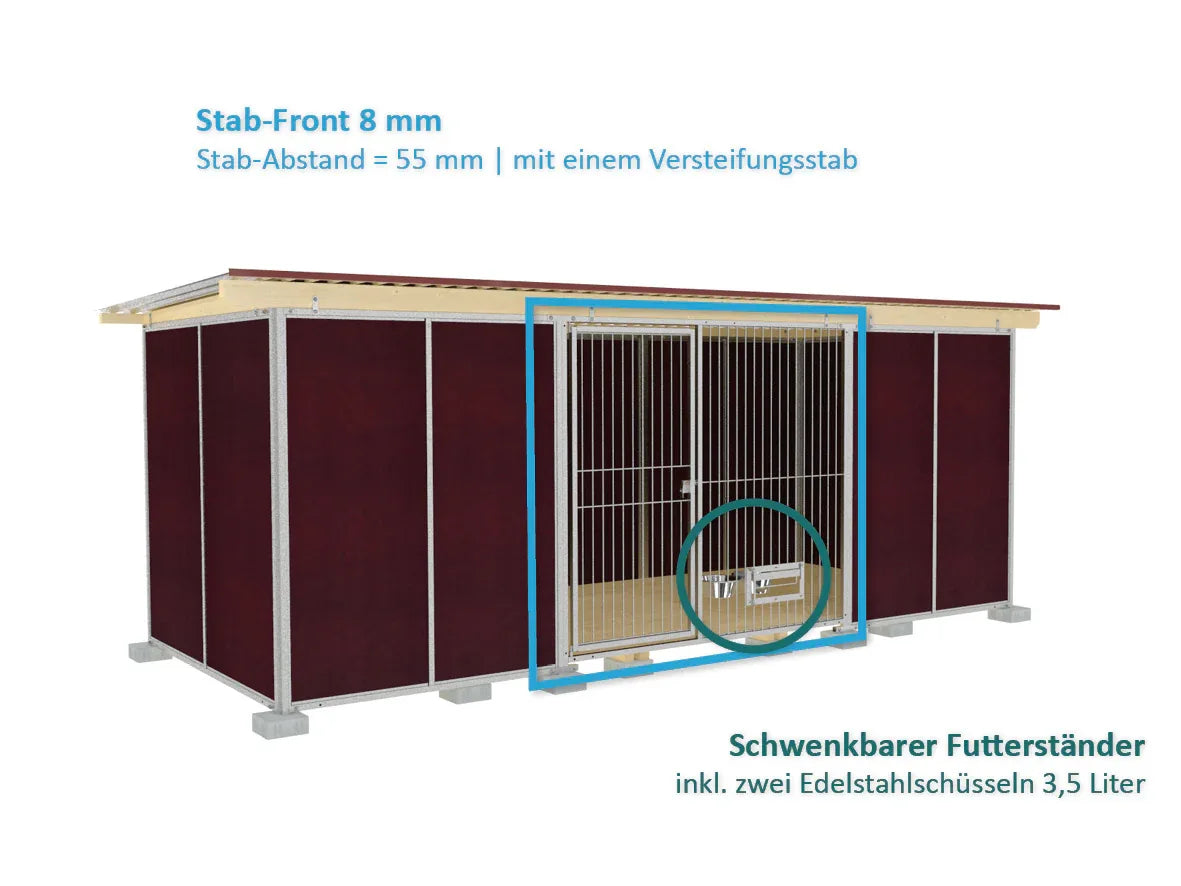 Hundezwinger mit Pultdach und integriertem Futterset im Türelement