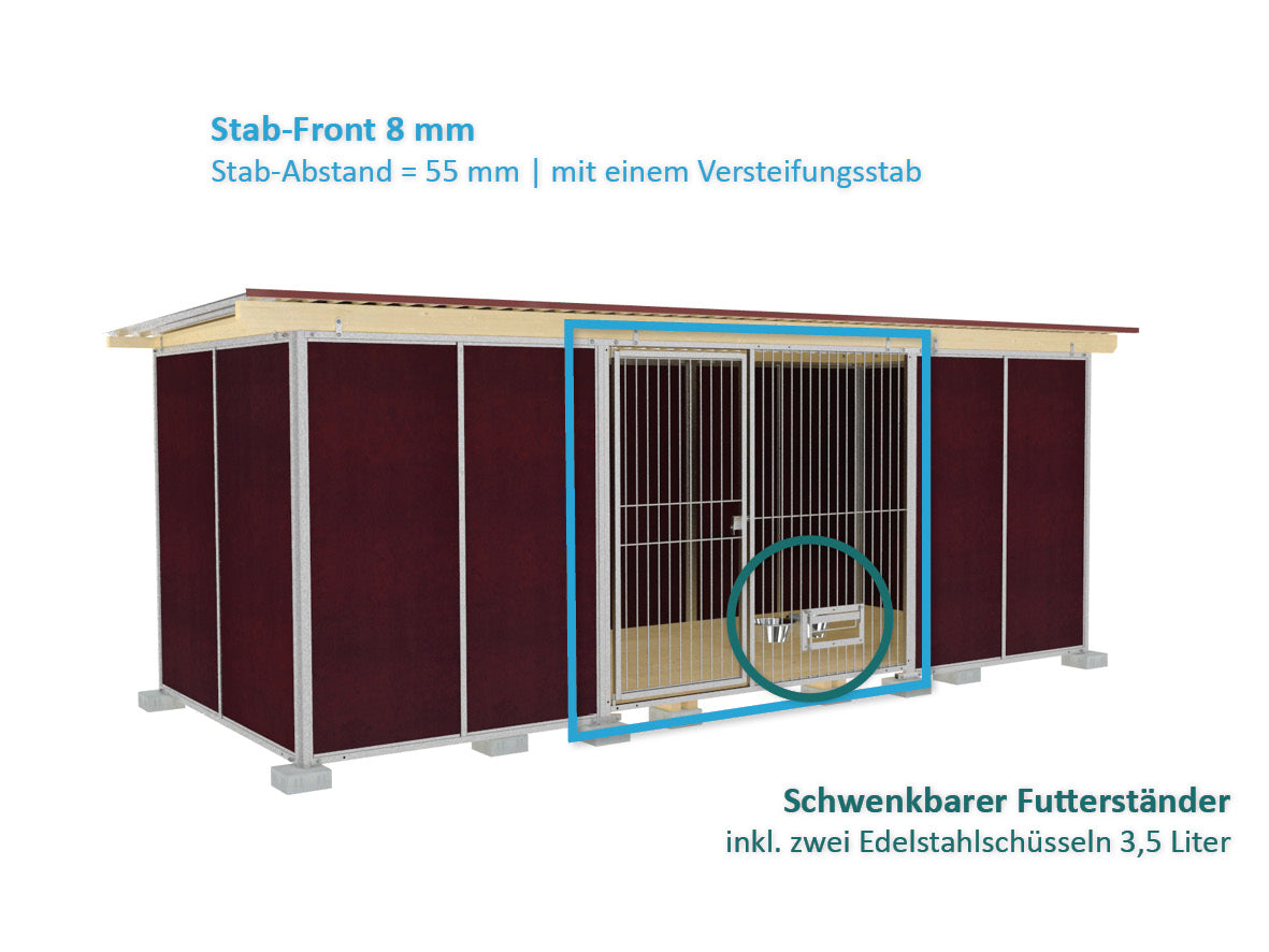 Hundezwinger mit Pultdach und integriertem Futterset im Türelement