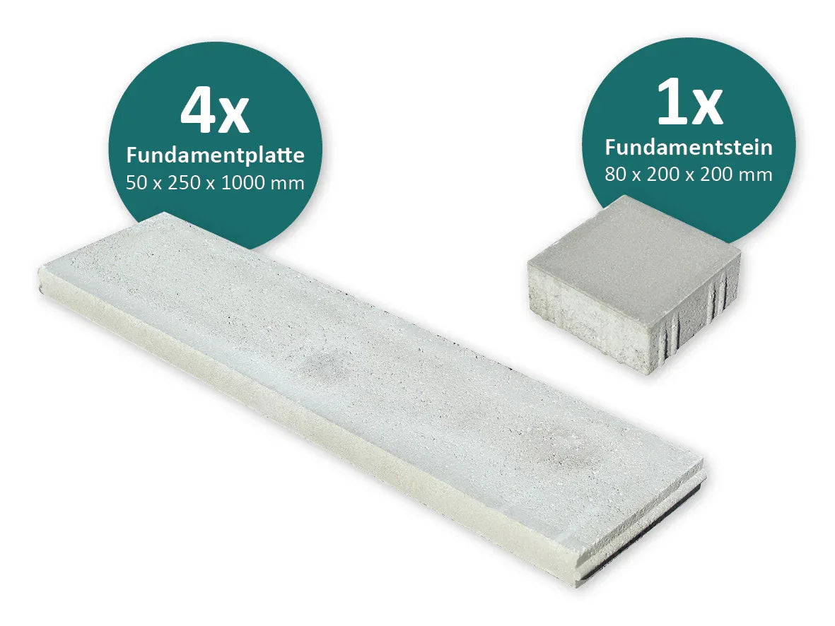 Fundamentplatte 1 m lang 25 cm breit 5 cm dick mit einem Fundamentstein 20 cm breit und lang und 8 cm hoch
