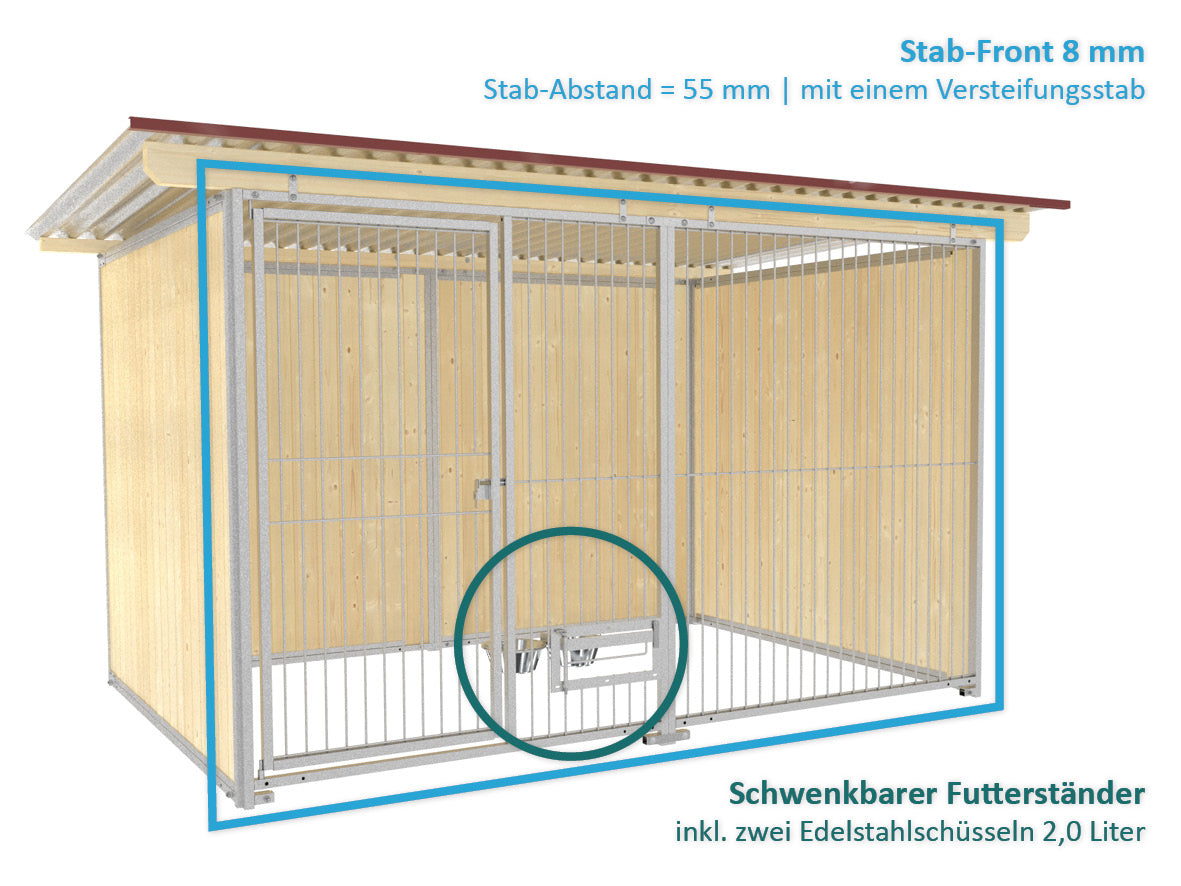 Rohrstabelemente mit und ohne Türe eingebaut in einen Hundezwinger aus unbehandelten Fichtenholz