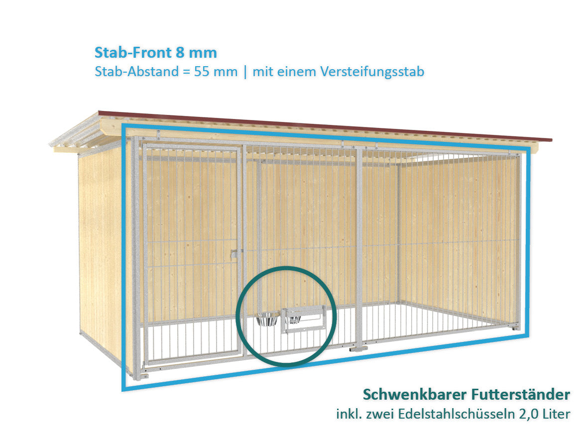Rohrstabelemente mit und ohne Türe eingebaut in einen Hundezwinger aus Fichtenholz