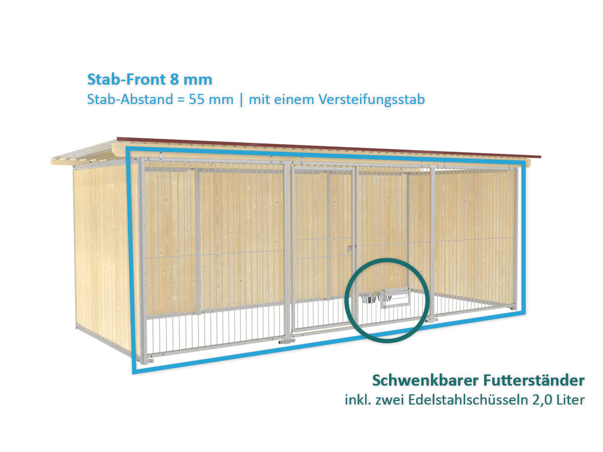 Rohrstabelemente mit und ohne Türe eingebaut in einen Hundezwinger für den Außenbereich