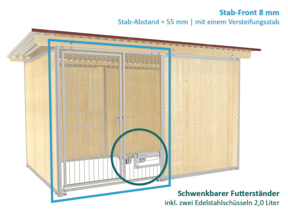 Hundezwinger für den Außenbereich mit Wellblechdach und abschließbarer Türe und Futterset