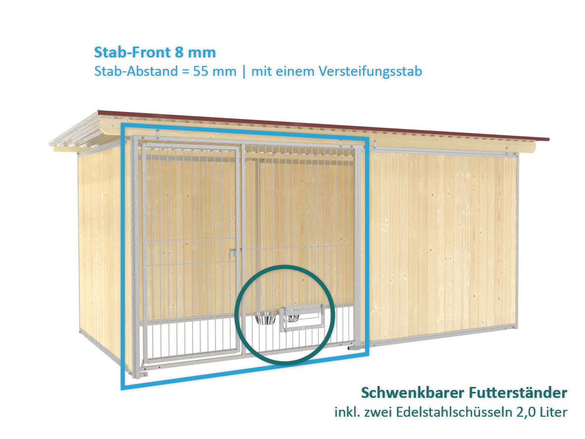 Hundezwinger für den Außenbereich mit Wellblechdach und abschließbarer Türe