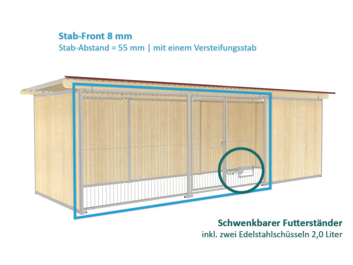Hundezwinger mit einer Stabfront aus Metallstäben Durchmesser 8 mm mit Futterset
