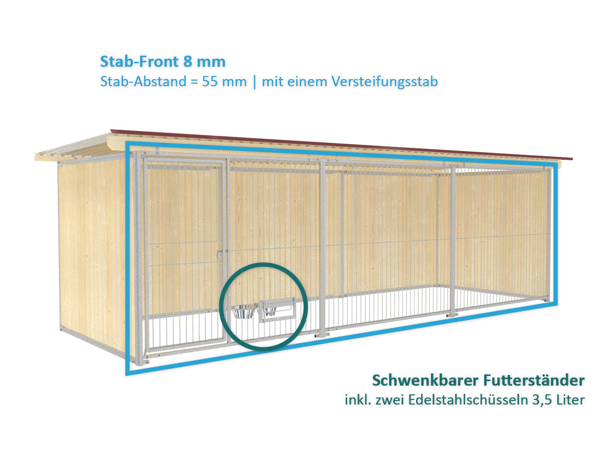 Hundezwinger 6 Meter lang, für den Außenbereich mit Wellblechdach und abschließbarer Türe