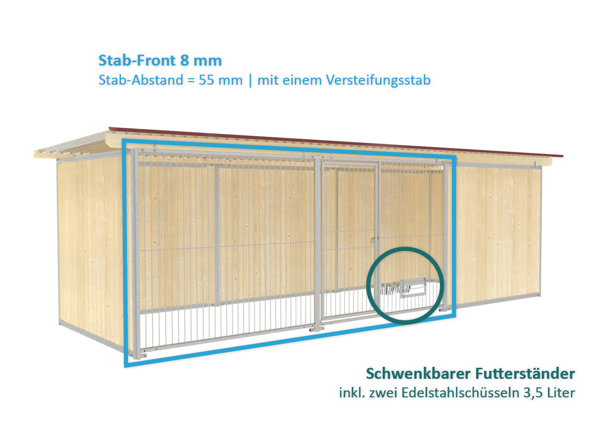 Hundezwinger mit einer Stabfront aus Metallstäben Durchmesser 8 mm