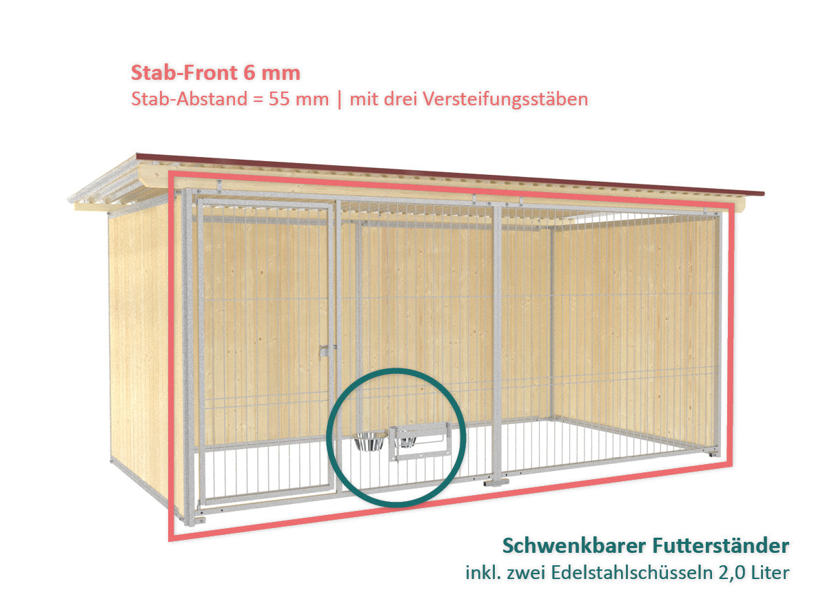 Hundezwinger mit Stabelementen als Zwingerfront mit Futterstation