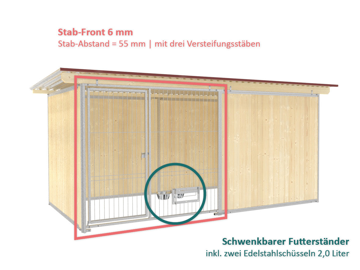 Holzhundezwinger aus Nut und Federbrettern aus Fichtenholz eingebaut in die Seitenwände