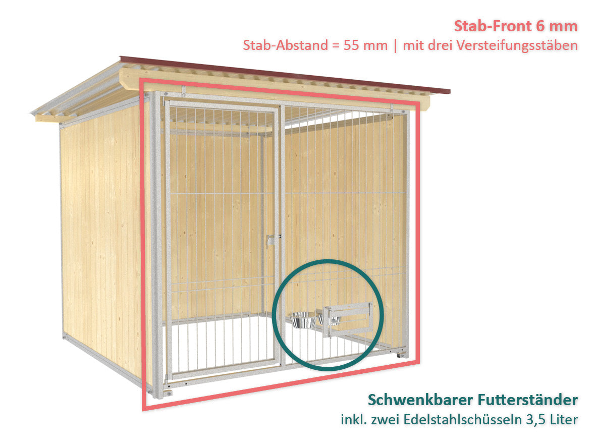 Zwinger mit Holzwänden für Hunde 2 Meter breit mit Futterstation und Blechdach