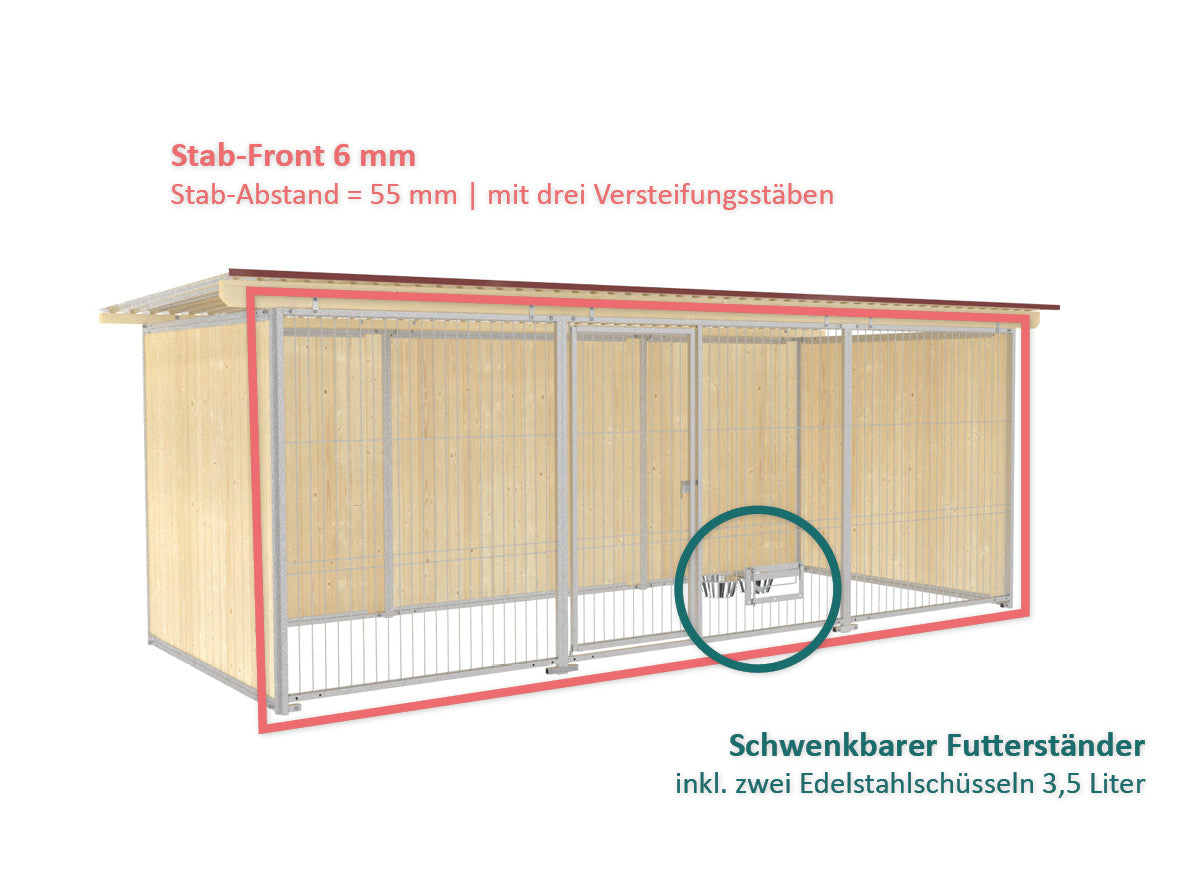 Hundezwinger seitlich und hinten geschlossen mit Holzwänden aus Fichtenholz