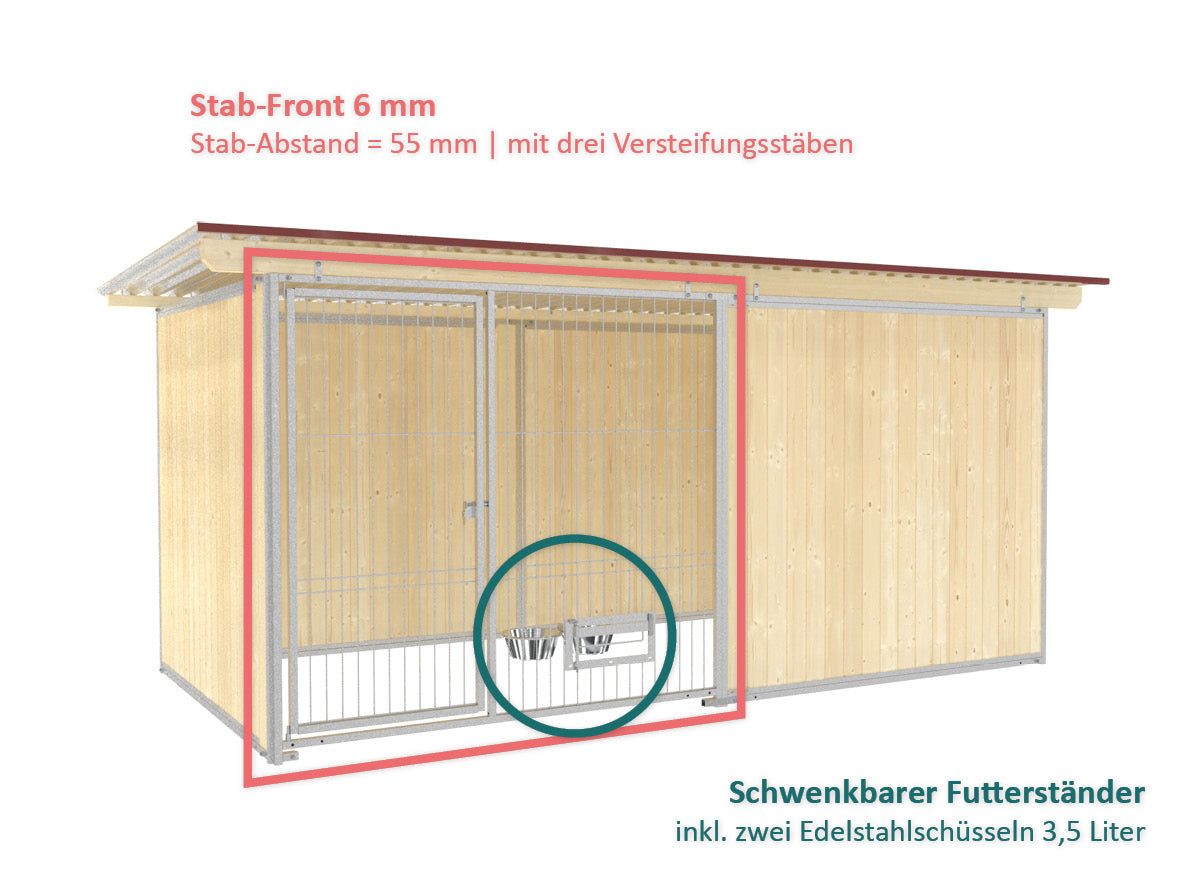 Holzhundezwinger aus Nut und Federbrettern aus Fichtenholz eingebaut in einen Stahlrahmen